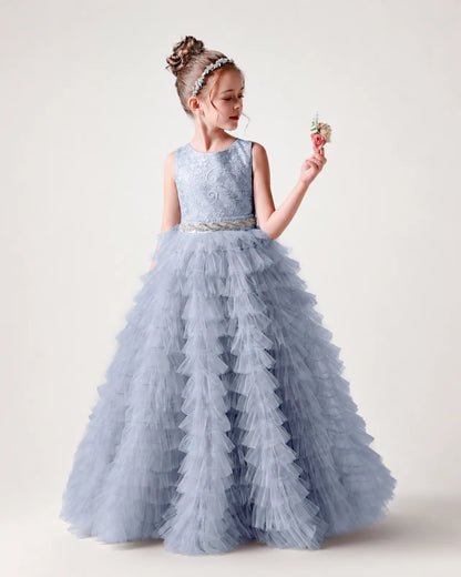 Dusty Blue Lace Ball Gown Girls Formal Dress Front View