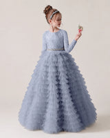 Dusty Blue Lace Ball Gown Pageant Dress Front View