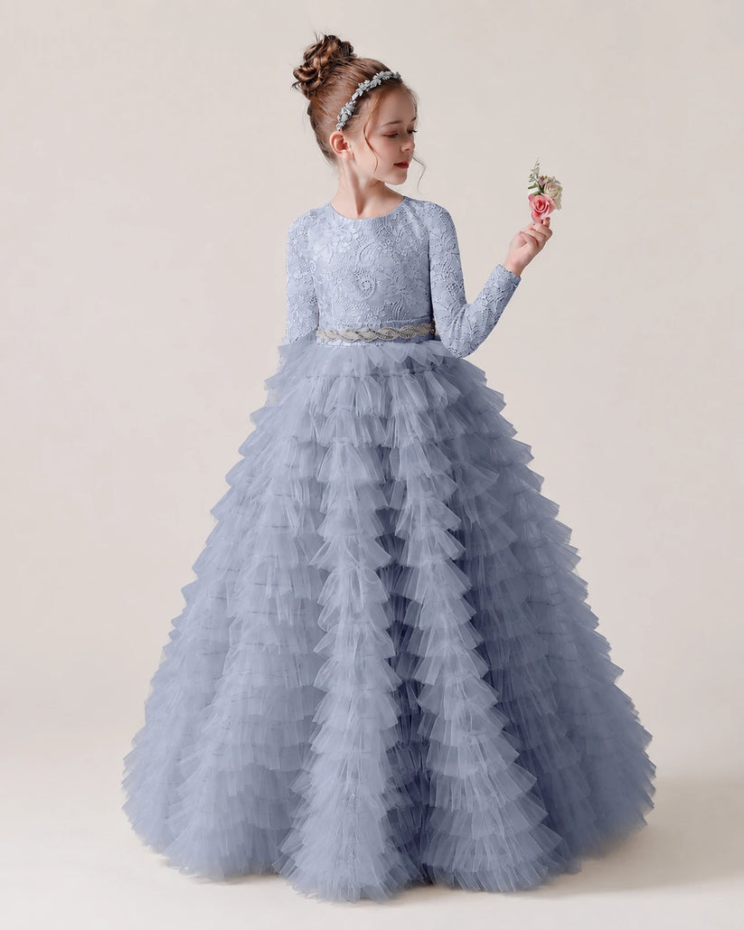 Dusty Blue Lace Ball Gown Pageant Dress Front View