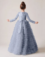 Dusty Blue Lace Ball Gown Pageant Dress Back View