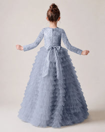 Dusty Blue Back Tiered Long Sleeve Flower Girl Dress