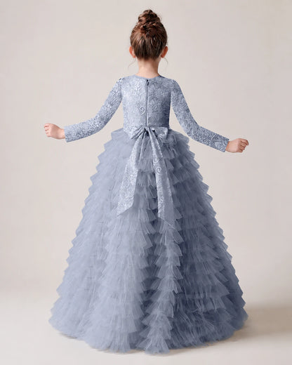 Dusty Blue Back Tiered Long Sleeve Flower Girl Dress