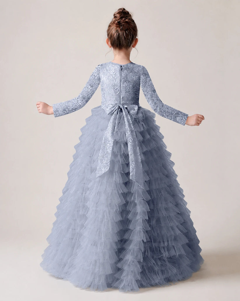 Dusty Blue Lace Ball Gown Pageant Dress Back View