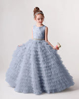 Dusty Blue Tulle Ball Gown Girls Formal Dress Front View