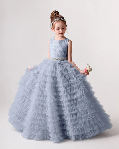 Dusty Blue Tulle Ball Gown Girls Formal Dress Front View
