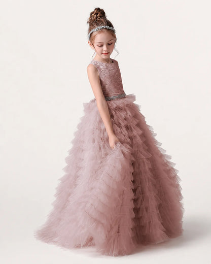 Dusty Rose Tulle Ball Gown Girls Formal Dress Side View