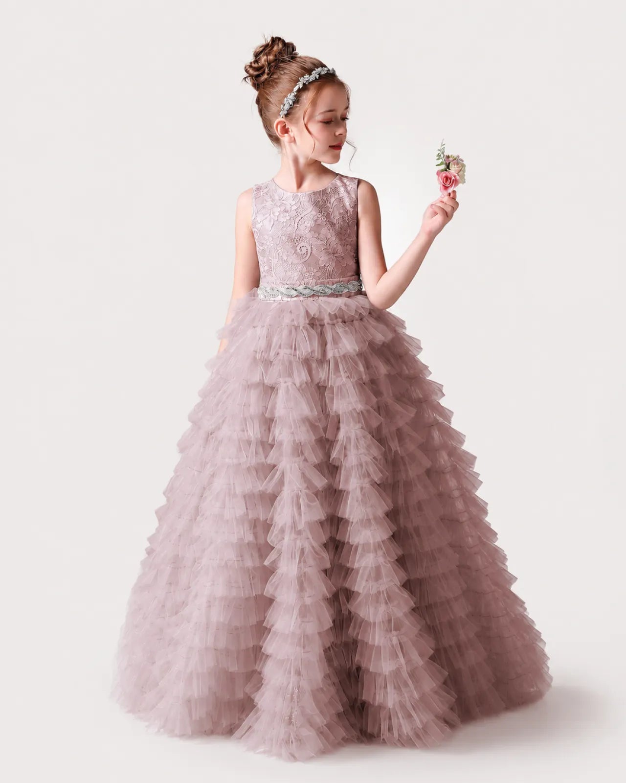 Dusty Rose Lace Ball Gown Girls Formal Dress Side View