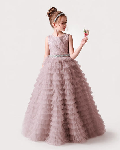 Dusty Rose Lace Ball Gown Girls Formal Dress Side View