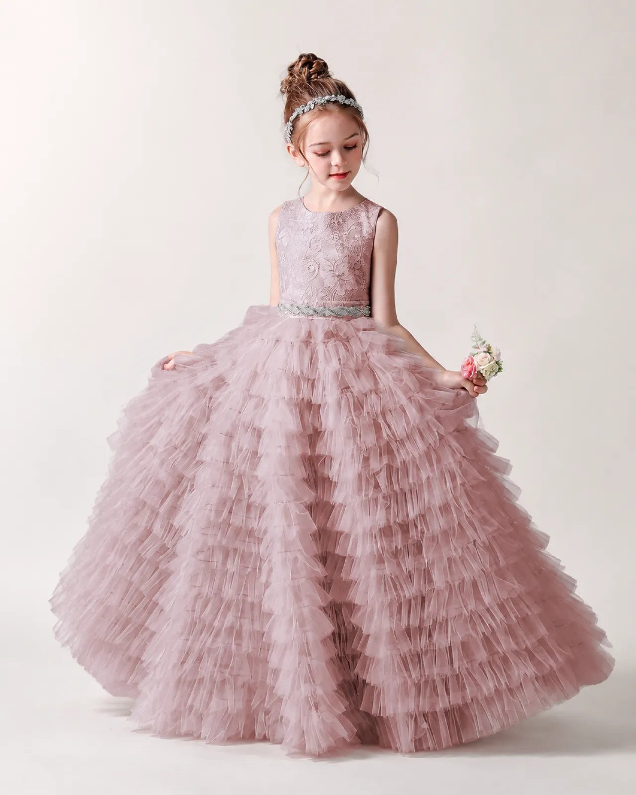 Dusty Rose Tulle Ball Gown Girls Formal Dress Front View