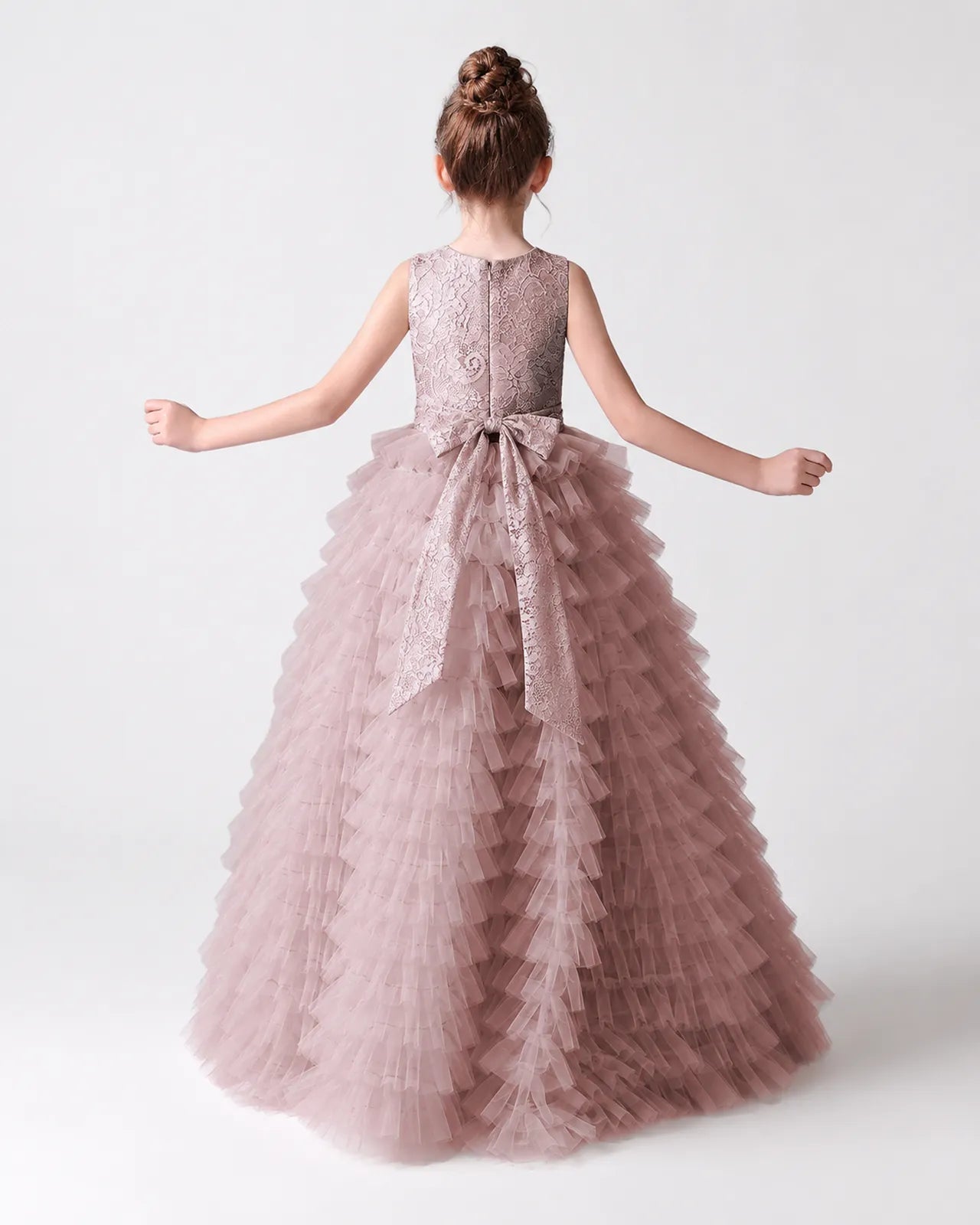 Dusty Rose Tulle Ball Gown Girls Formal Dress Back View