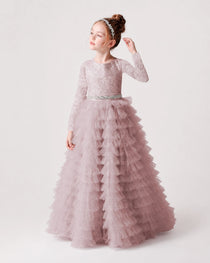 Dusty Rose Front Tiered Long Sleeve Flower Girl Dress