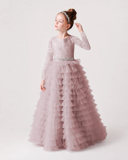 Dusty Rose Front Tiered Long Sleeve Flower Girl Dress