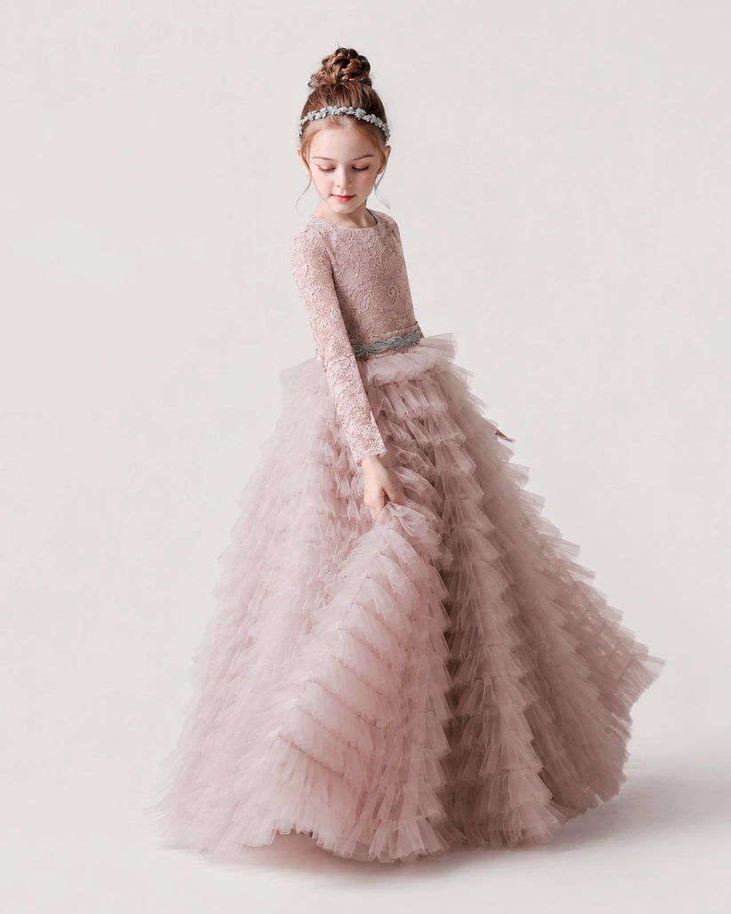 Dusty Rose Lace Ball Gown Pageant Dress Front View