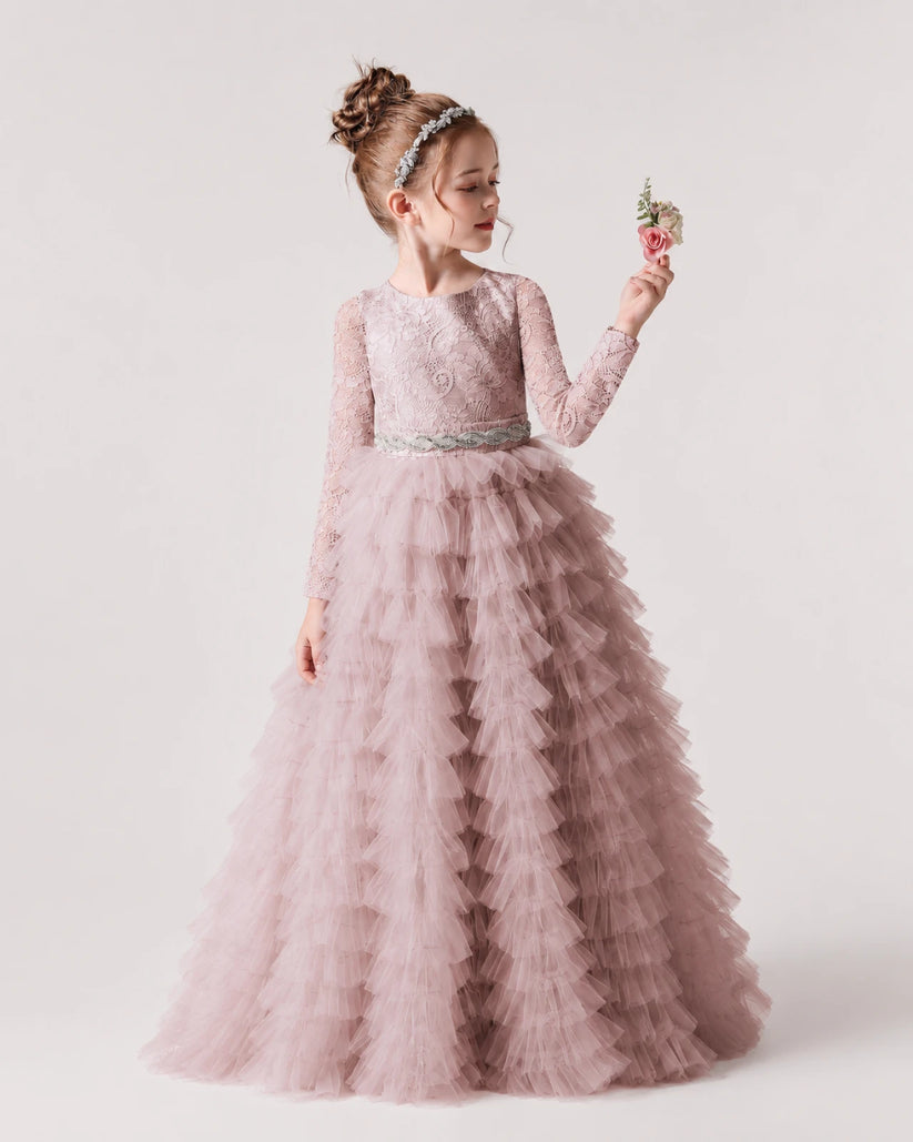 Dusty Rose Lace Ball Gown Pageant Dress Front View