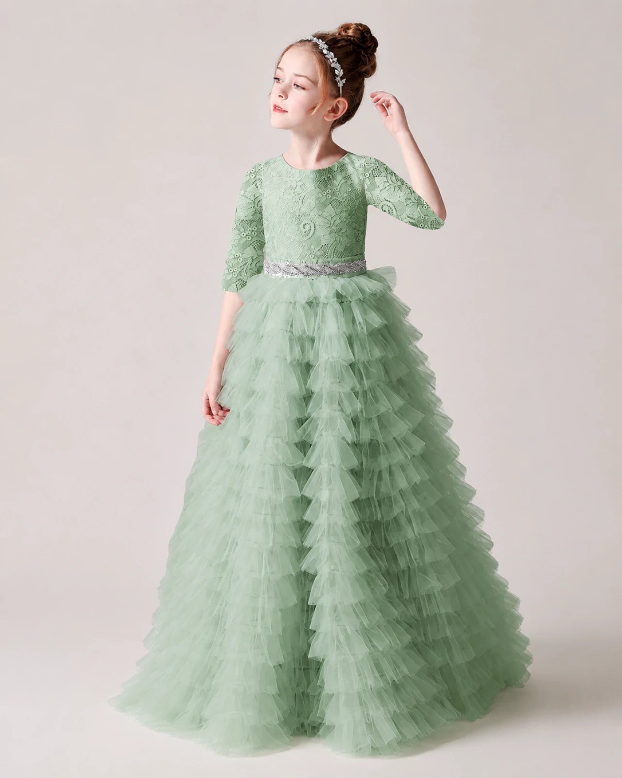 Sage Green Lace A-line Pageant Dress Front View