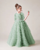 Sage Green Lace Ball Gown Pageant Dress Front View