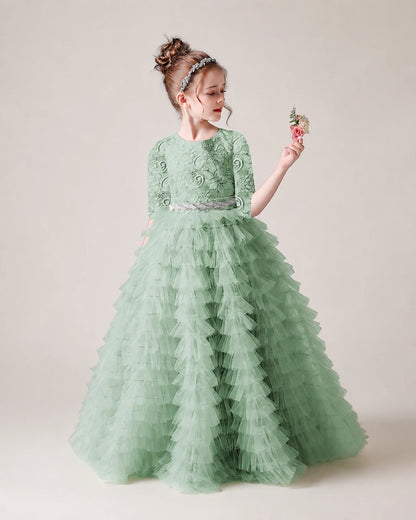 Sage Green Lace Ball Gown Pageant Dress Front View