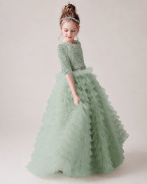 Sage Green Side Tiered Flower Girl Dress