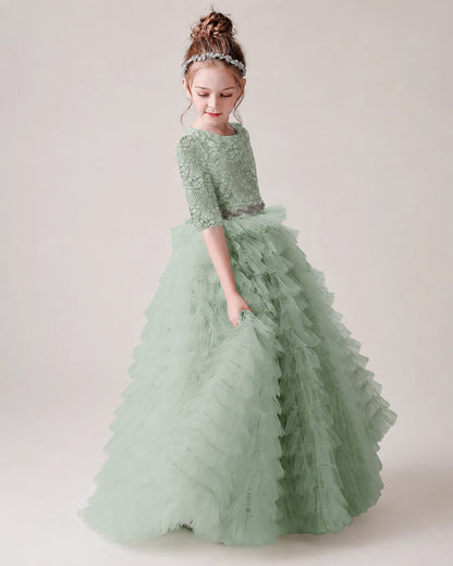 Sage Green Lace Ball Gown Pageant Dress Front View