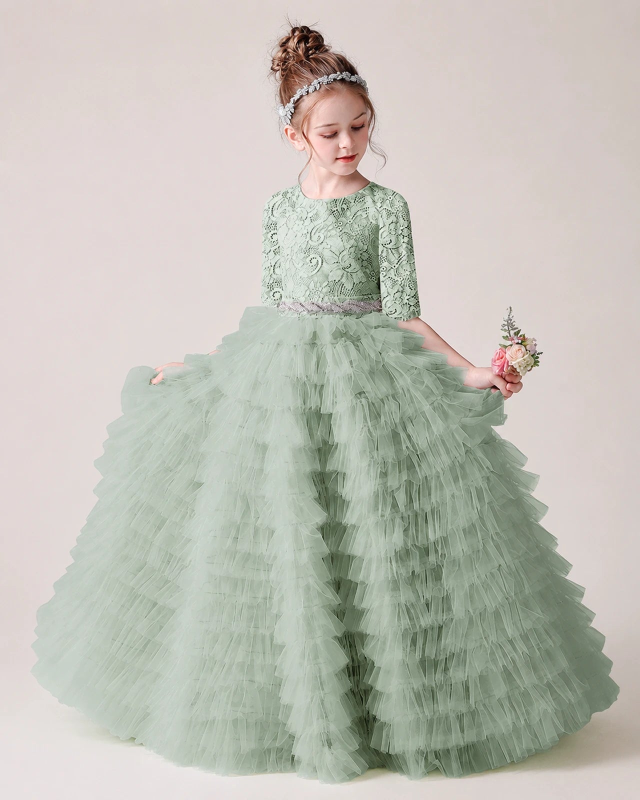 Sage Green Lace Ball Gown Pageant Dress Front View