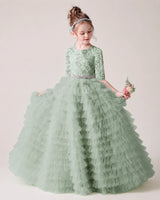 Sage Green Lace Ball Gown Pageant Dress Front View