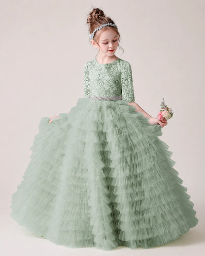 Sage Green Lace Ball Gown Pageant Dress Front View
