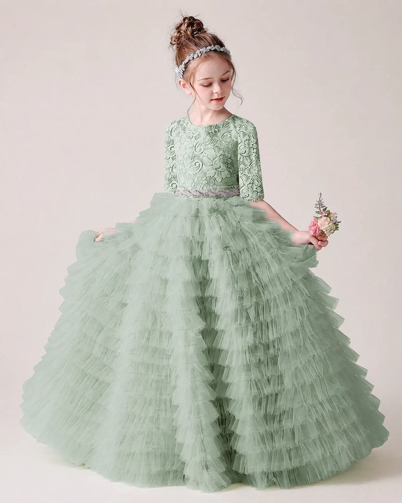 Sage Green Lace Ball Gown Pageant Dress Front View