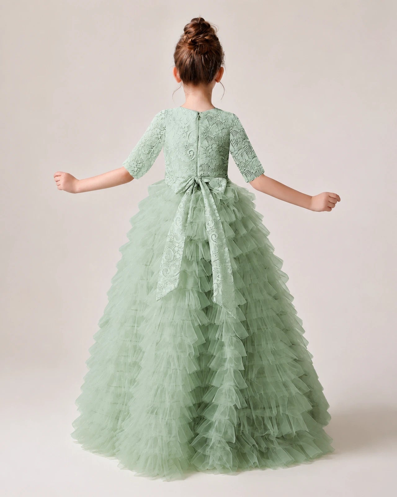 Sage Green Lace Ball Gown Pageant Dress Back View