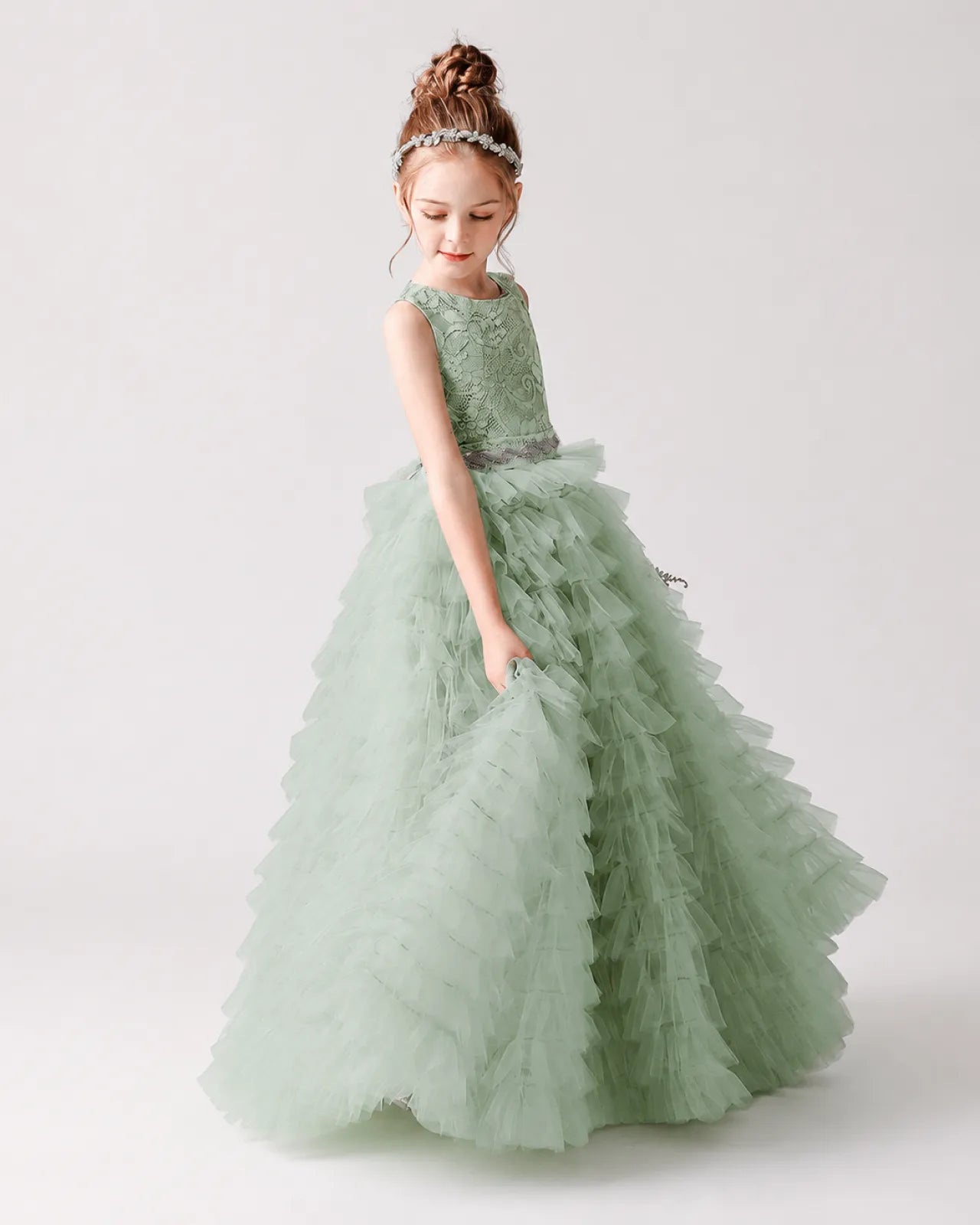 Sage Green Tulle A-line Girls Formal Dress Side View