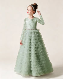 Sage Green Front Tiered Long Sleeve Flower Girl Dress