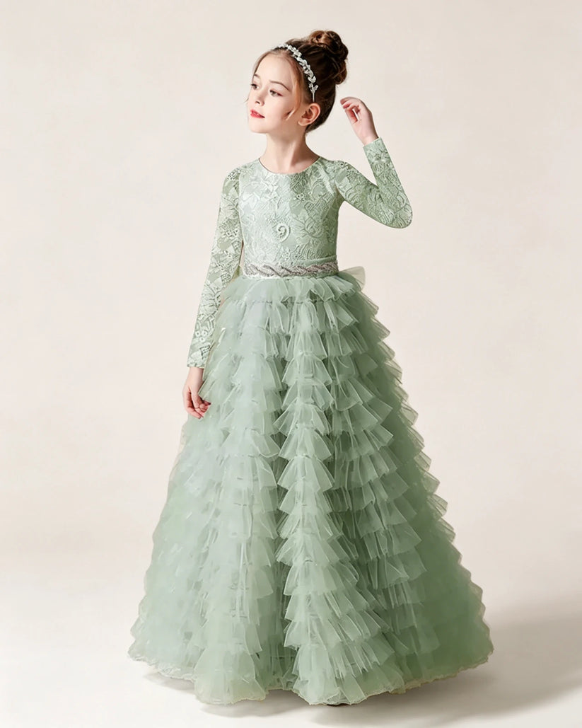 Sage Green Lace Ball Gown Pageant Dress Front View
