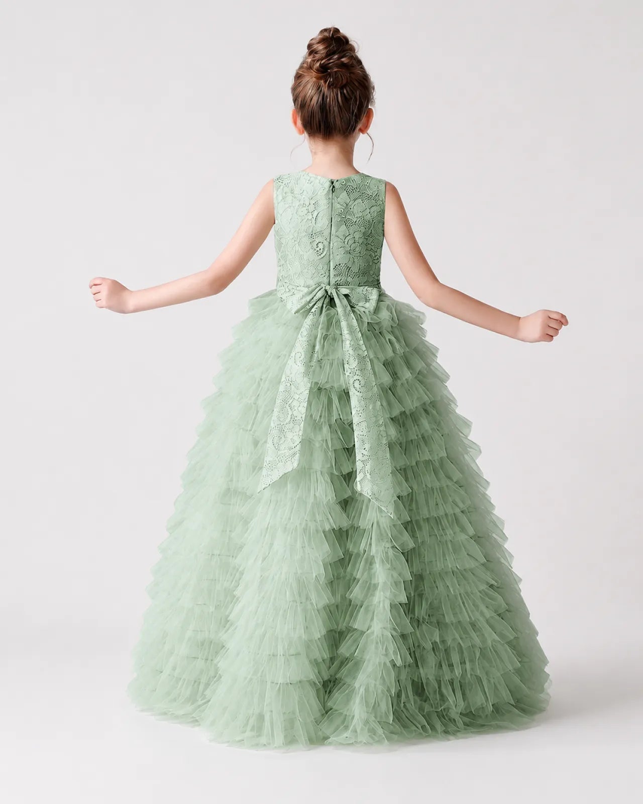 Sage Green Lace A-line Girls Formal Dress Back View