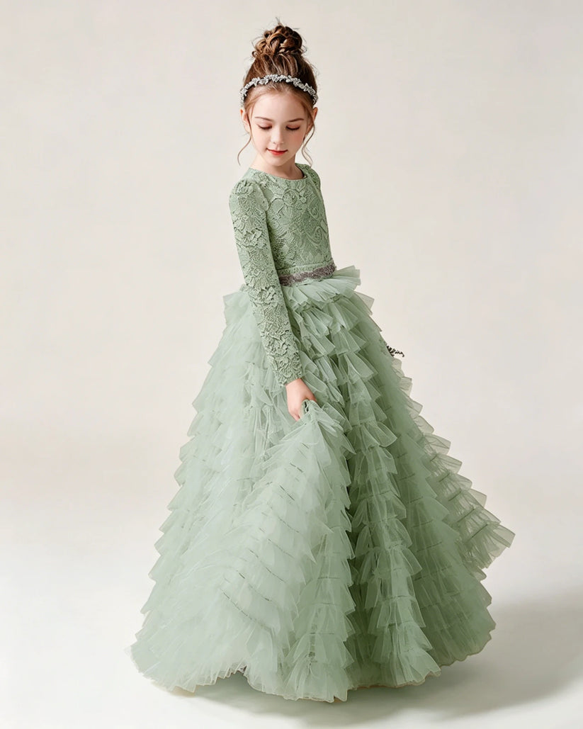 Sage Green Lace Ball Gown Pageant Dress Front View