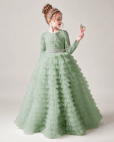 Sage Green Lace Ball Gown Pageant Dress Side View