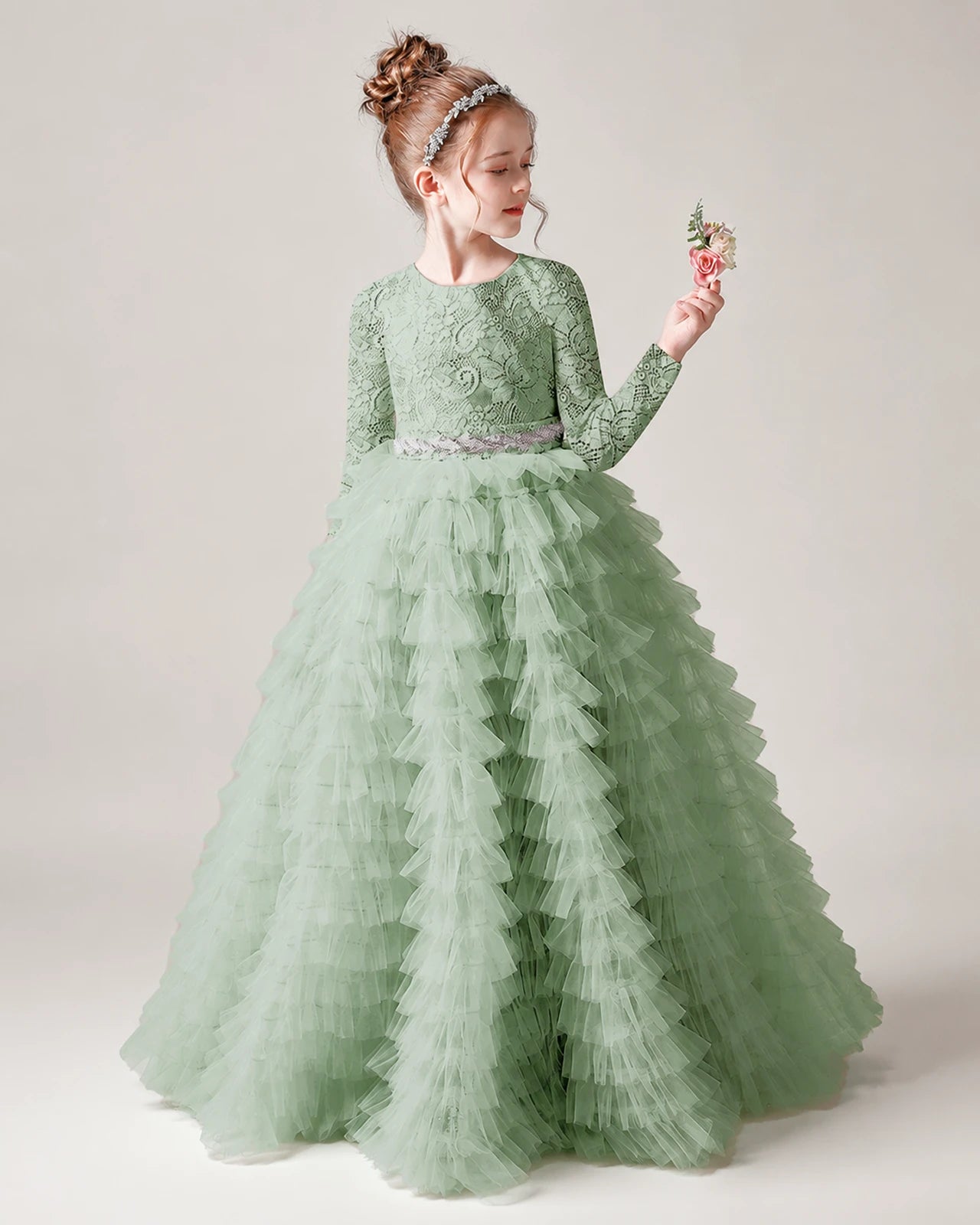 Sage Green Front Tiered Long Sleeve Flower Girl Dress