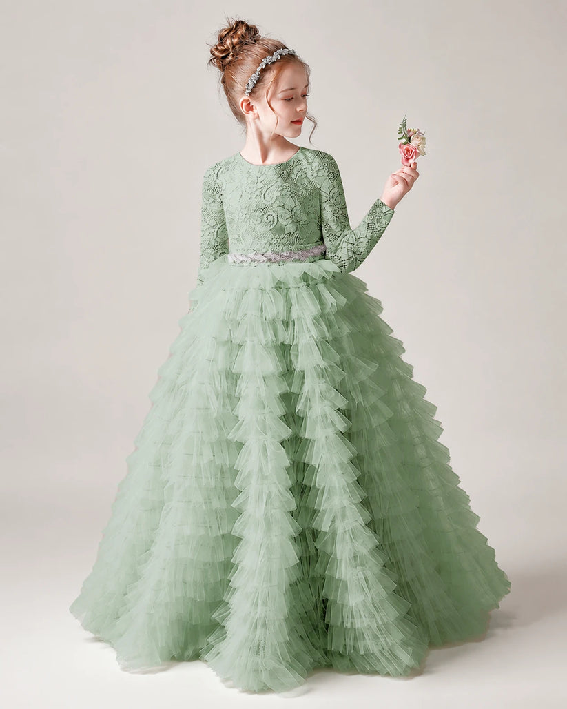 Sage Green Lace Ball Gown Pageant Dress Side View