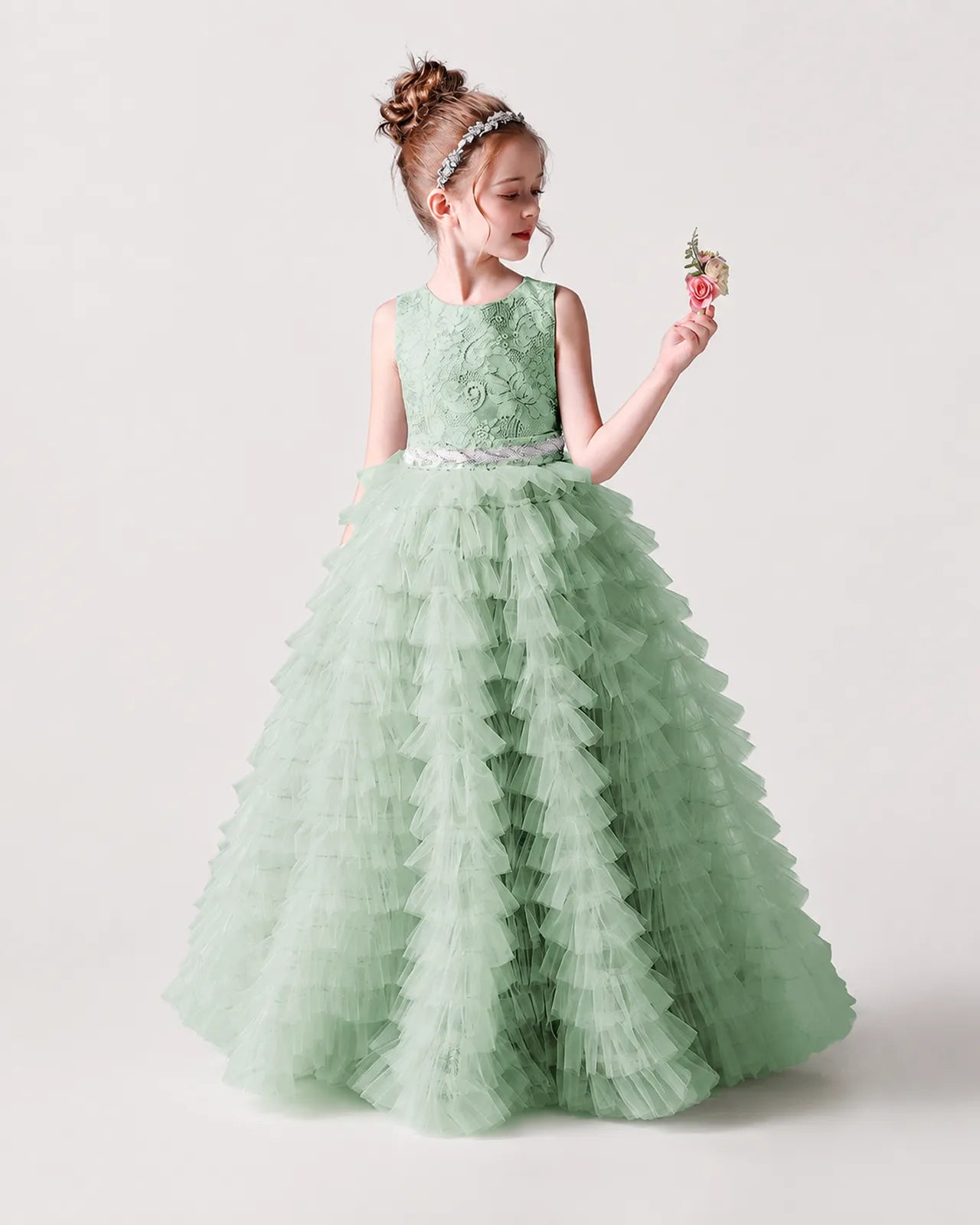 Sage Green Lace Ball Gown Girls Formal Dress Side View