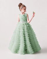 Sage Green Lace Ball Gown Girls Formal Dress Side View