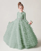 Sage Green Lace Ball Gown Pageant Dress Front View