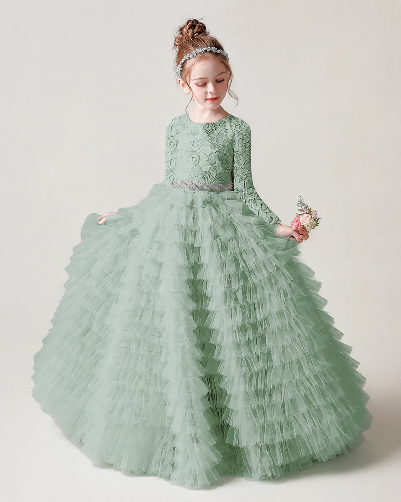 Sage Green Front Tiered Long Sleeve Flower Girl Dress