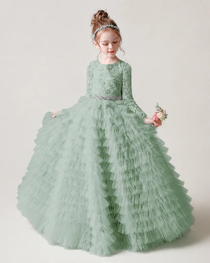 Sage Green Front Tiered Long Sleeve Flower Girl Dress