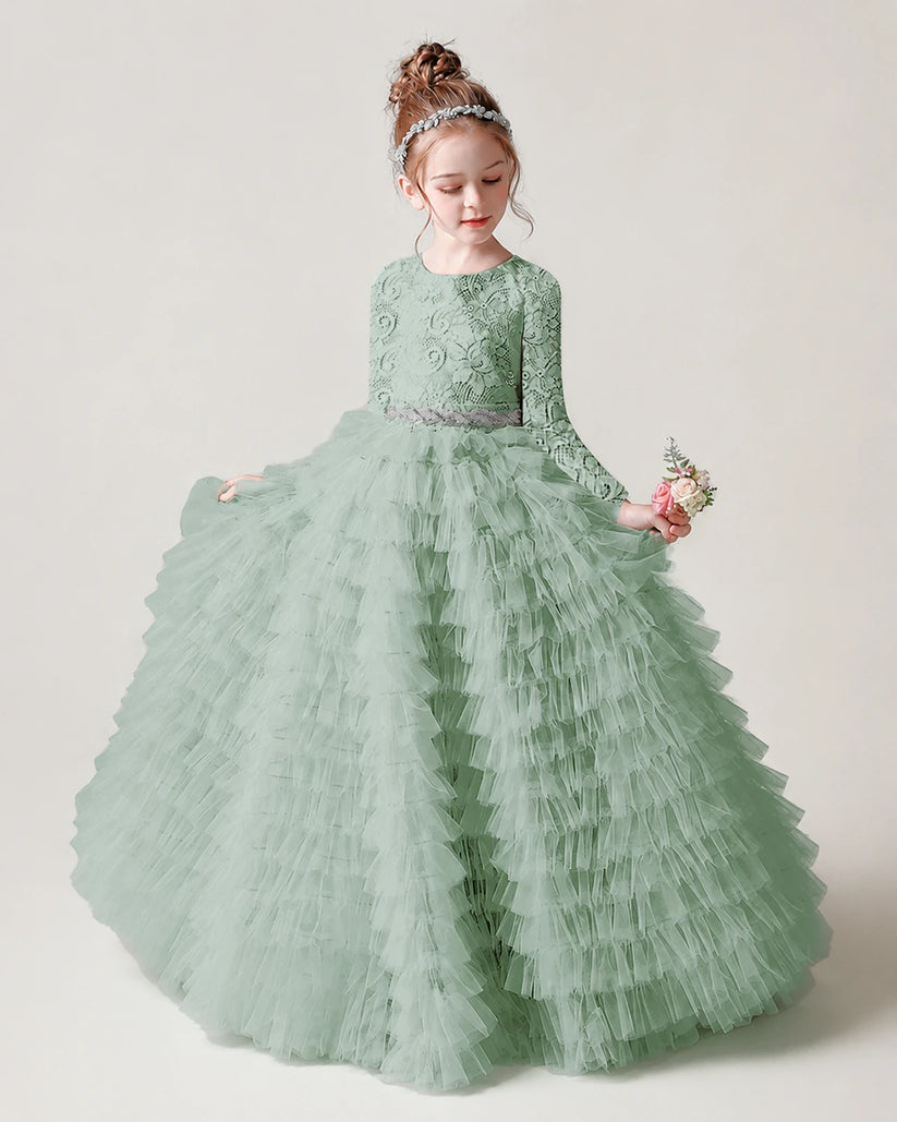 Sage Green Lace Ball Gown Pageant Dress Front View