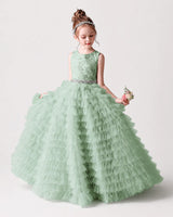 Sage Green Tulle Ball Gown Girls Formal Dress Front View