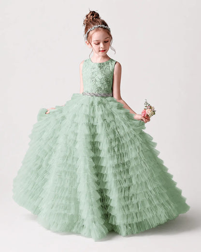 Sage Green Tulle Ball Gown Girls Formal Dress Front View