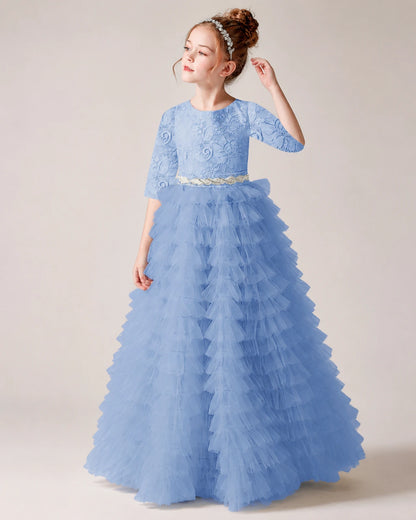 Sky Blue Lace Ball Gown Pageant Dress Front View