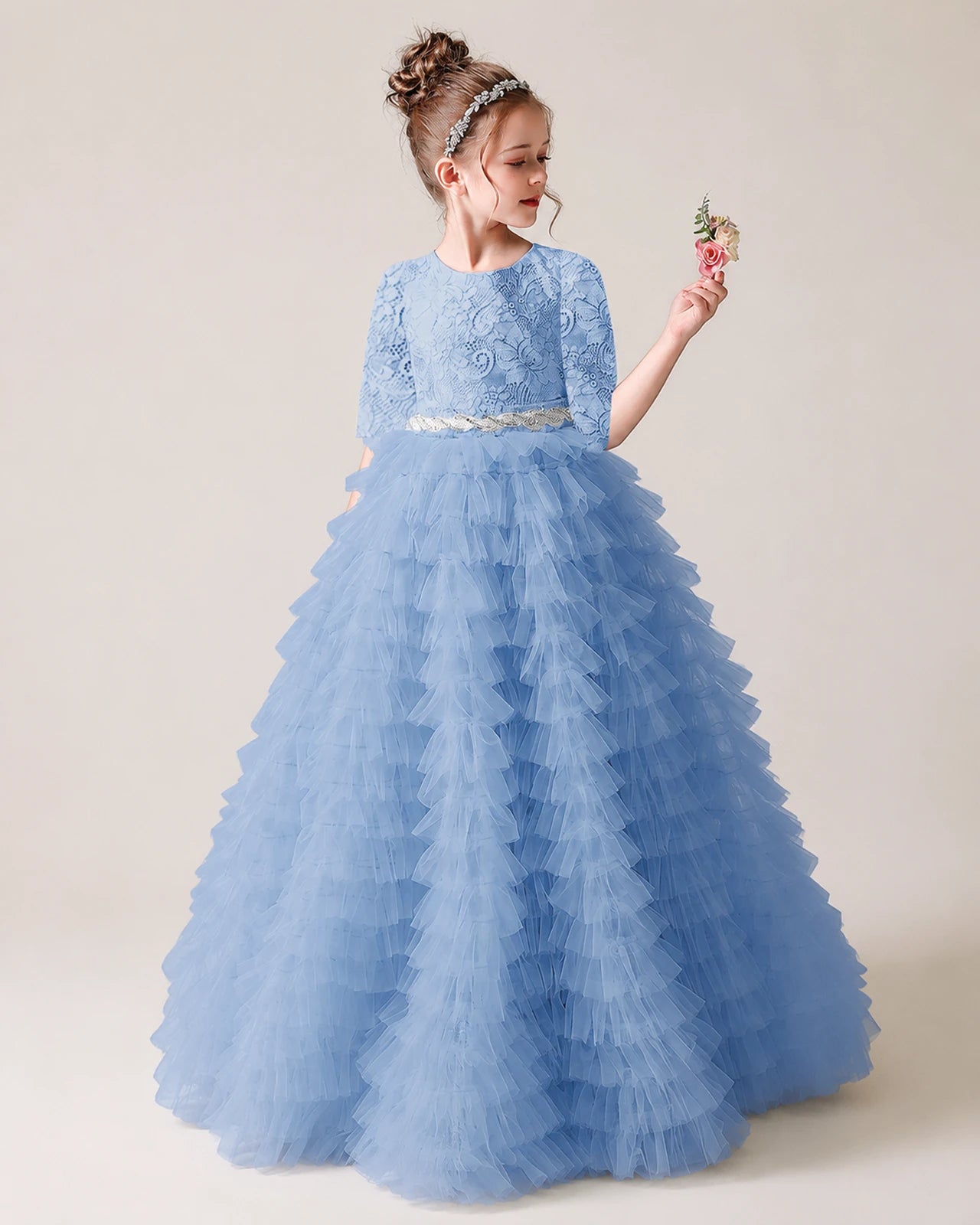 Sky Blue Lace Ball Gown Pageant Dress Front View