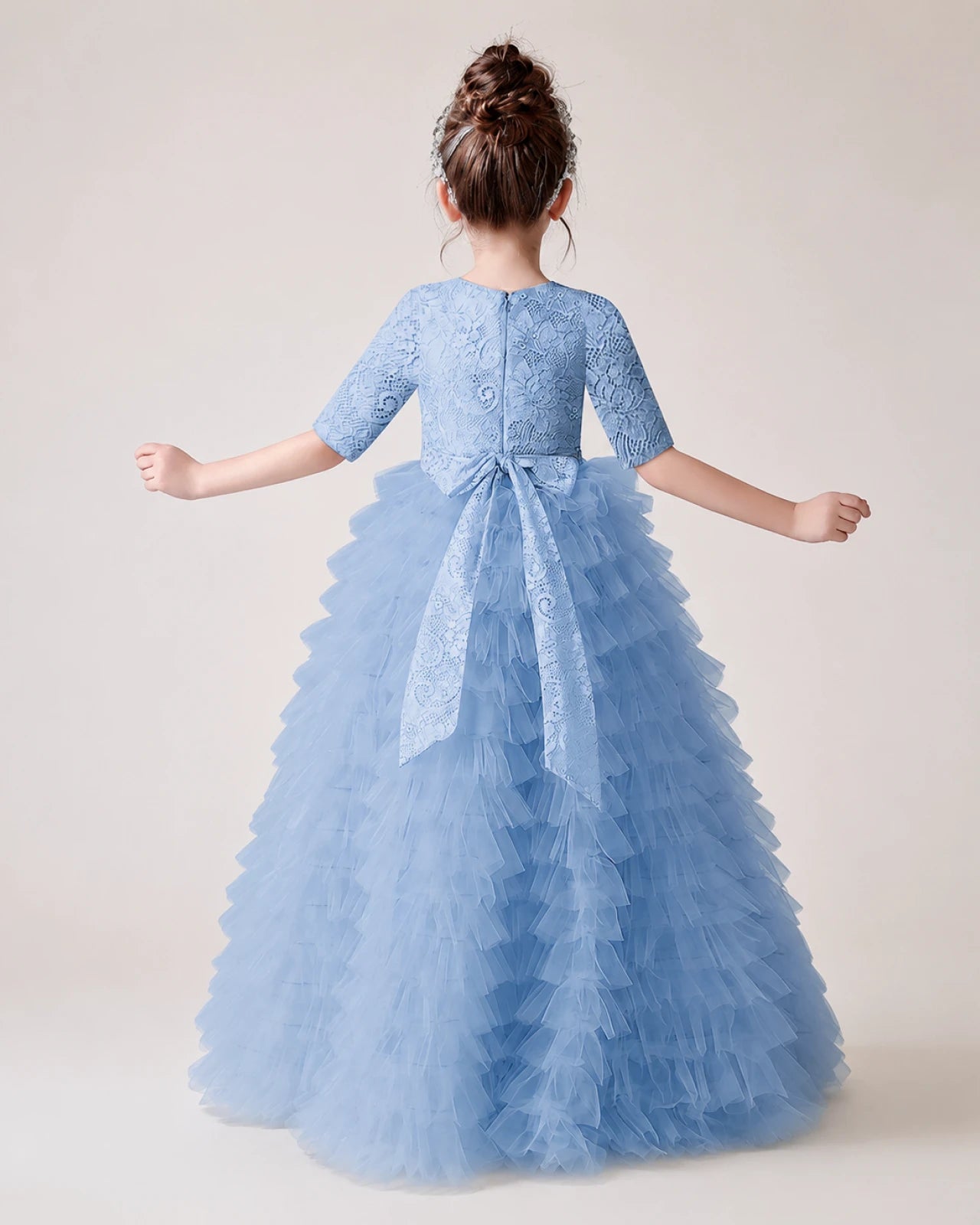 Sky Blue Lace Ball Gown Pageant Dress Back View