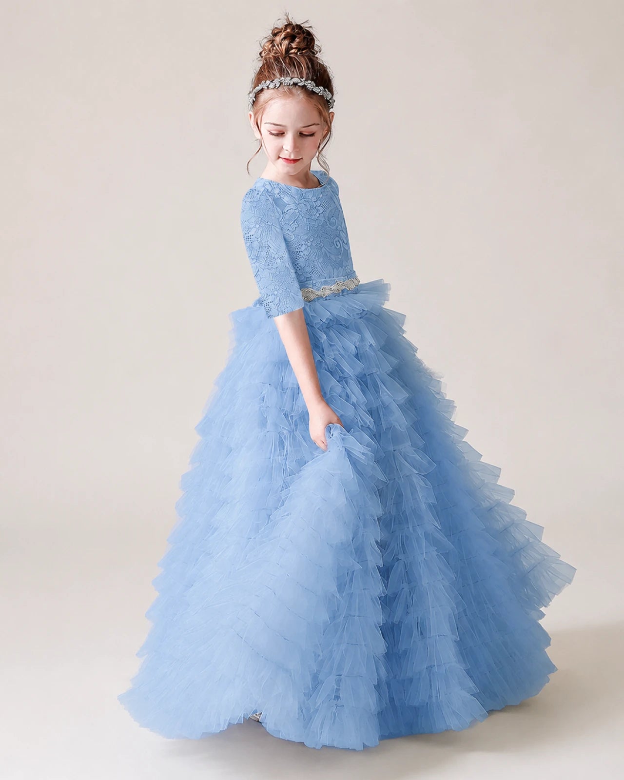 Sky Blue Lace Ball Gown Pageant Dress Front View