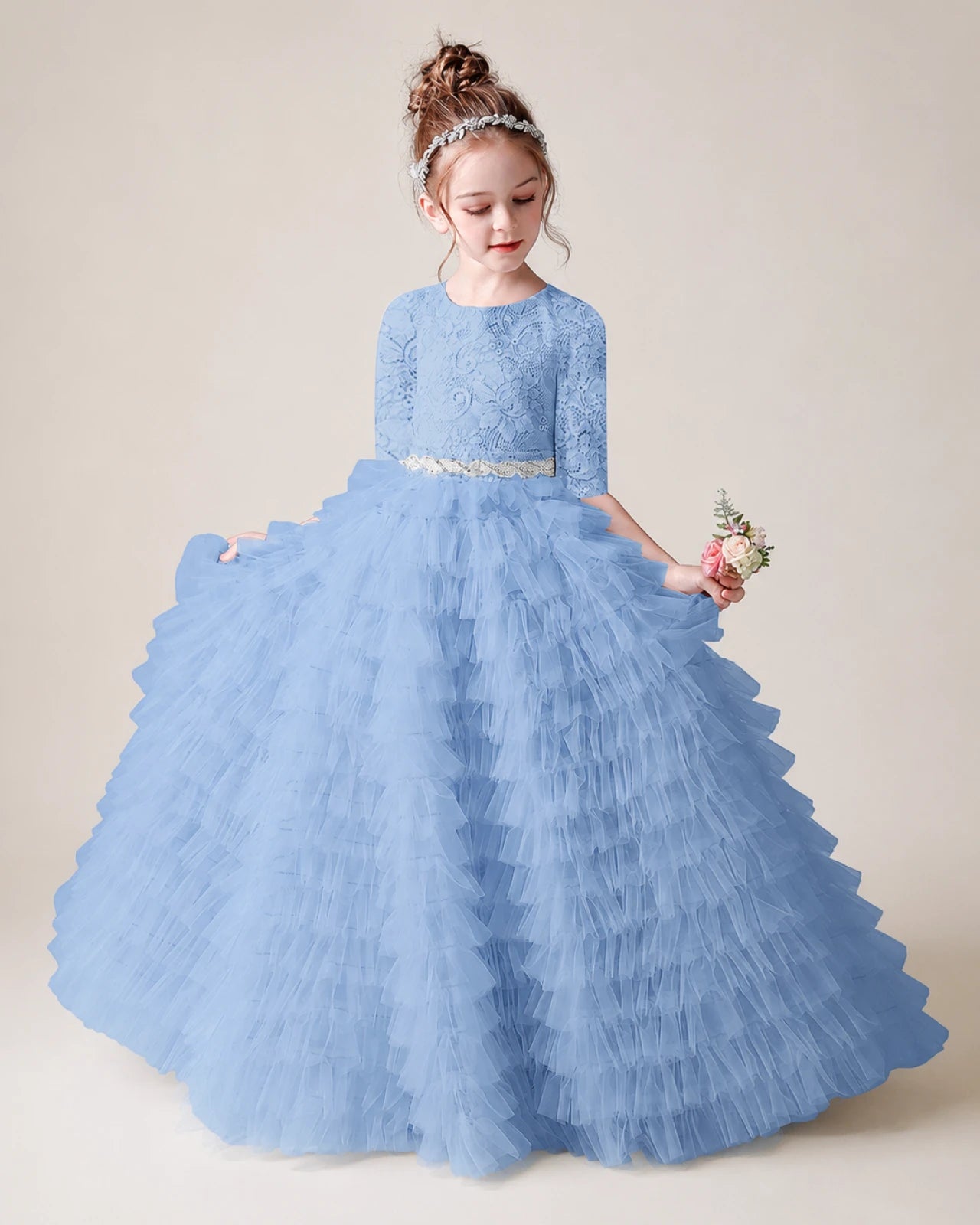 Sky Blue Lace Ball Gown Pageant Dress Front View