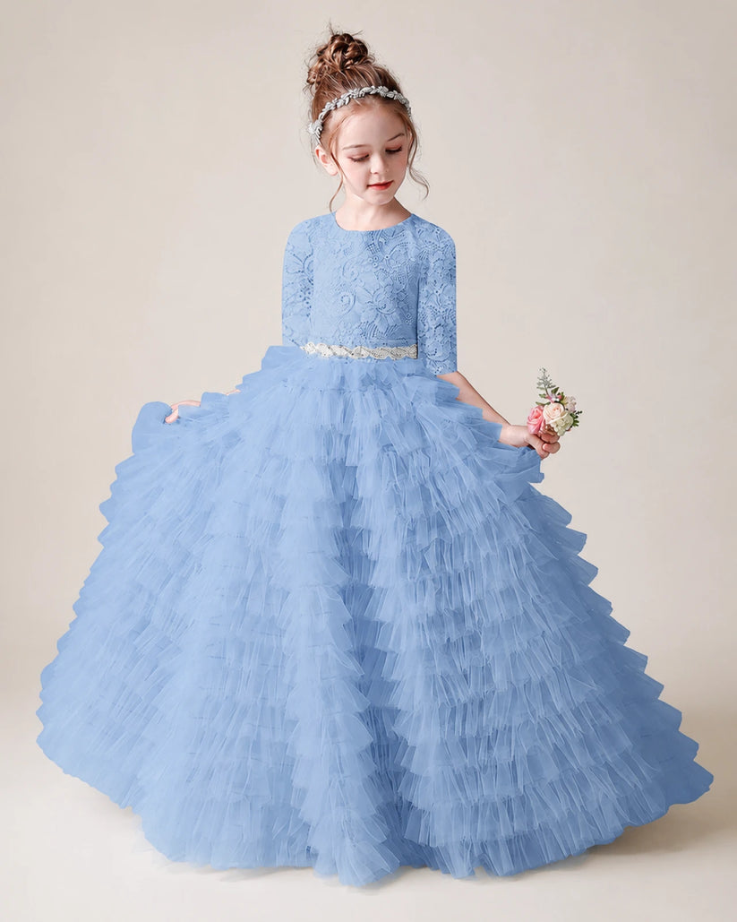 Sky Blue Lace Ball Gown Pageant Dress Front View